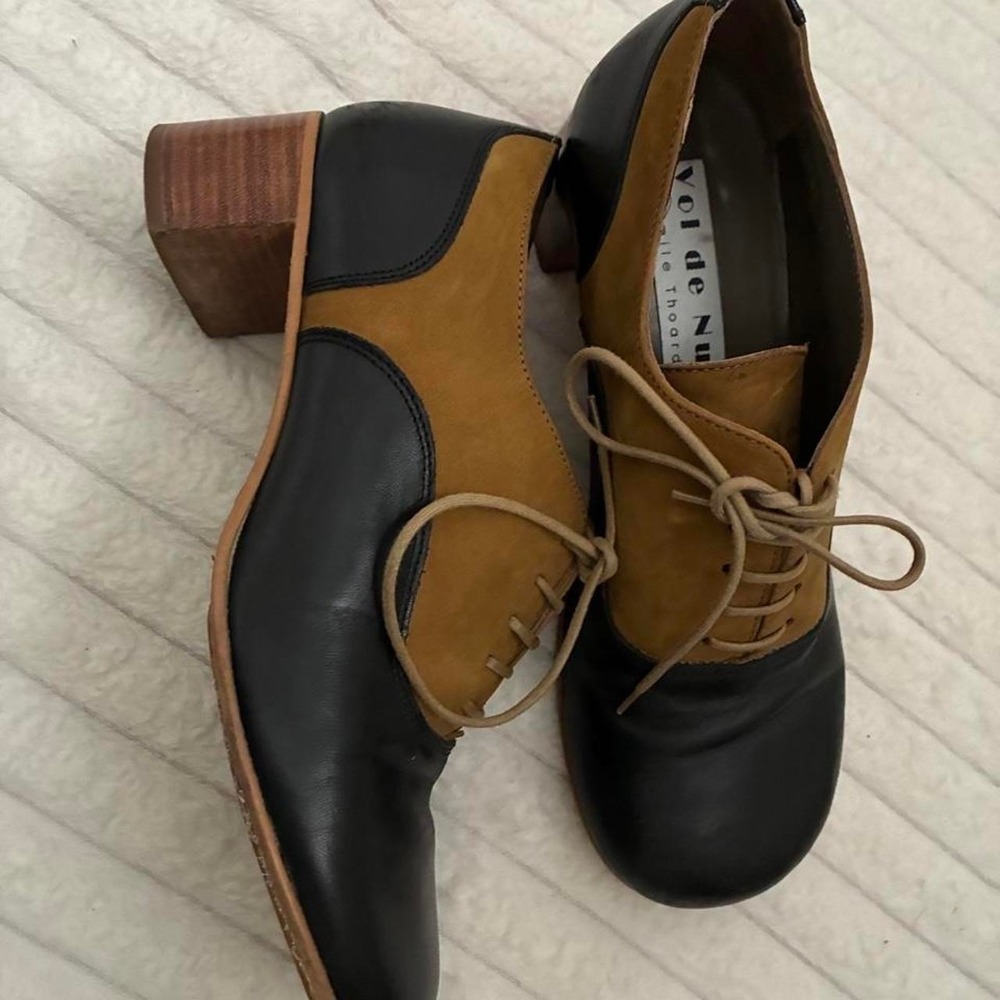Vol De Nuit Emile Thoard Vintage Block Heels Round Toe Suede Leather Brown Black